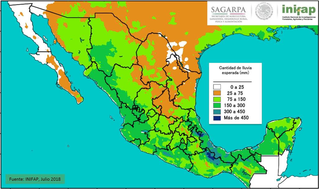 Red de monitoreo agroclimático del estado de Zacatecas En el mes de agosto se espera una precipitación de 25 a 75 mm en el norte,