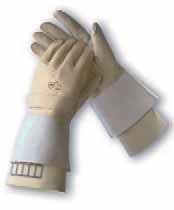 Estos guantes de cuero piel-flor vacuno, pulgares palmeados, están provistos de un puño de corteza de 10 cm con una cinta de velcro de reapriete en el dorso de la mano.