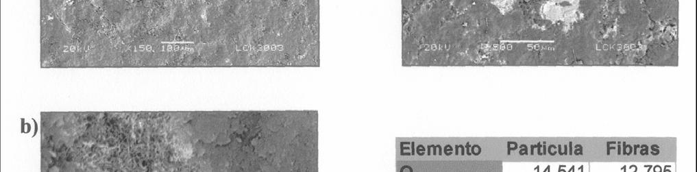 Figura 4 Imágenes del MEB-BV y EDS de la muestra arqueológica LCK3003, en donde se observa la diferencia en la composición química elemental a través de zonas blancas ("a" y "c") y la presencia de