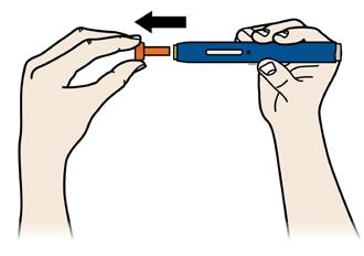 A Paso 2: Prepárese Saque el capuchón naranja, tirando de él en línea recta, únicamente cuando esté listo para la inyección.