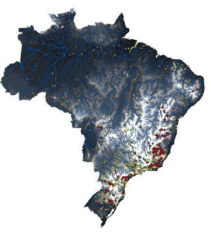 Electrificación en Brasil Puntos amarillos: Ubicación real (1967) de las plantas de generación hidroeléctrica Puntos rojos: Predicción del modelo basado en factores geológicos - La instalación de