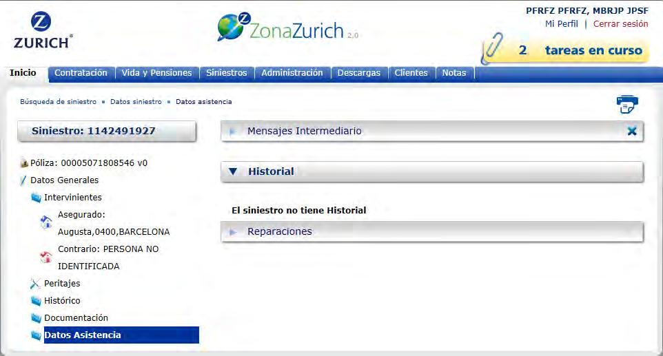 Consulta Siniestro en ZonaZurich. Nota directa a Zurich Asistencia con intervención de reparadores de Zurich).