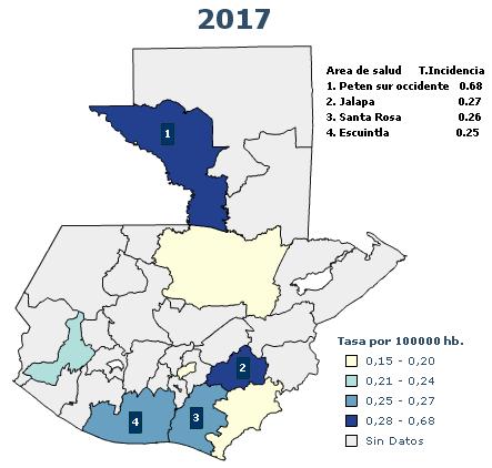 Para el 2017 las áreas de salud de Peten Sur occidente, jalapa se encuentran en el cuarto cuartil, seguido por Santa Rosa y Escuintla en el tercer cuartil.