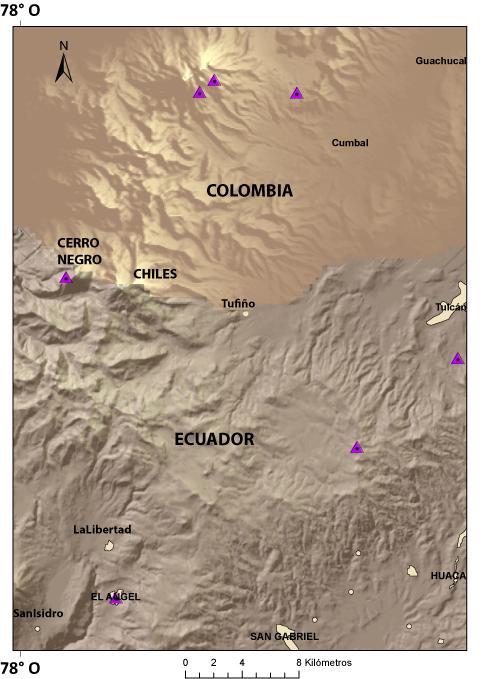 Figura 2. Ubicación de los volcanes Chiles y Cerro Negro y las estaciones de las redes sísmicas de Colombia y Ecuador.