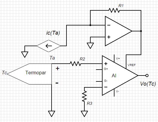 31. El circuito es un amplificador para un termopar. Incluye un CUF con una fuente de voltaje dependiente de la temperatura ambiente. Datos v. R1/R3 = 10/U. vi.