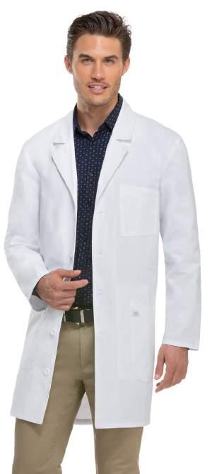 Unisex lab coat features a notched lapel, fivebutton closure and four pockets: