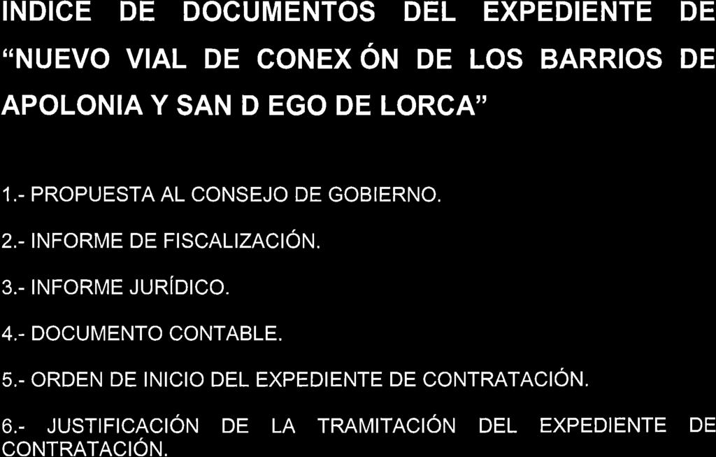 INDICE DE DOCUMENTOS DEL EXPEDIENTE DE.,NUEVO VIAL DE CONEXÓN DE LOS BARRIOS DE APOLONIA Y SAN DIEGO DE LORCA'' 1.- PROPUESTA AL CONSEJO DE GOBIERNO. 2.