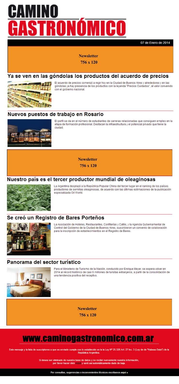 6 MEDIAKIT Newsletter - Tarifa expresada en pesos argentinos. - Corresponde a un aviso por cada envío semanal del Newsletter de Camino Gastronómico.