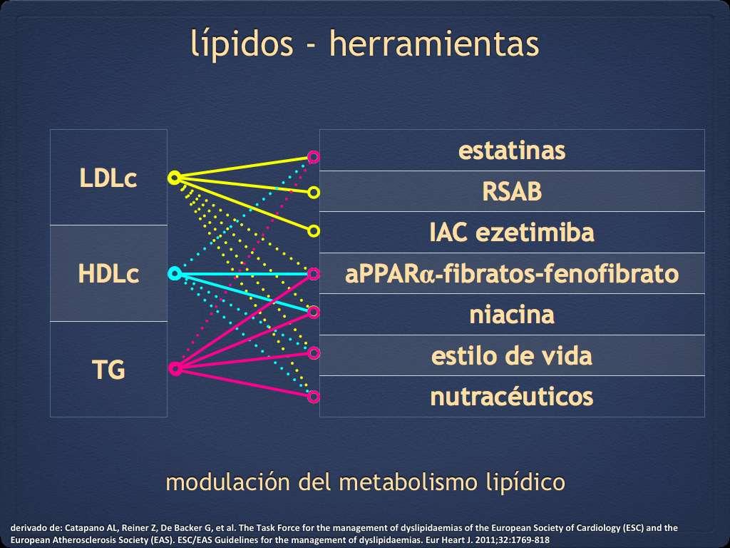 lípidos - herramientas LDLc HDLc TG estatinas RSAB IAC ezetimiba apparα-fibratos-fenofibrato niacina estilo de vida nutracéuticos modulación del metabolismo lipídico derivado de: Catapano AL, Reiner