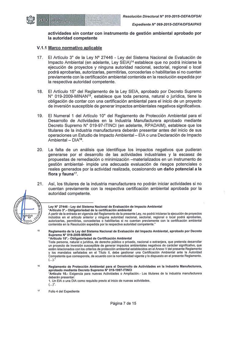 Resolución Directora/ Nº 910-2015-0EFAIDFSAI Expediente N 069-2015-0EFAIDFSAI/PAS actividades sin contar con instrumento de gestión ambiental aprobado por la autoridad competente V.1.1 Marco normativo aplicable 17.
