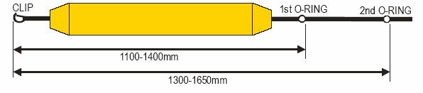 E - El cuerpo del tubo, el componente flotante: L mínimo de longitud 875mm; máximo longitud 1000mm B máximo de anchura 150mm T máximo de grosor 100m La distancia desde el clip a la primera anilla