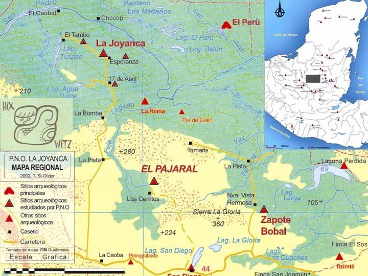 Figura 4 Mapa de la región de Hix Witz con ubicación de los sitios Zapote Bobal, La Joyanca, y, al norte del río San Pedro, El Perú-Waka' Sin embargo, las tendencias modales son muy claras.
