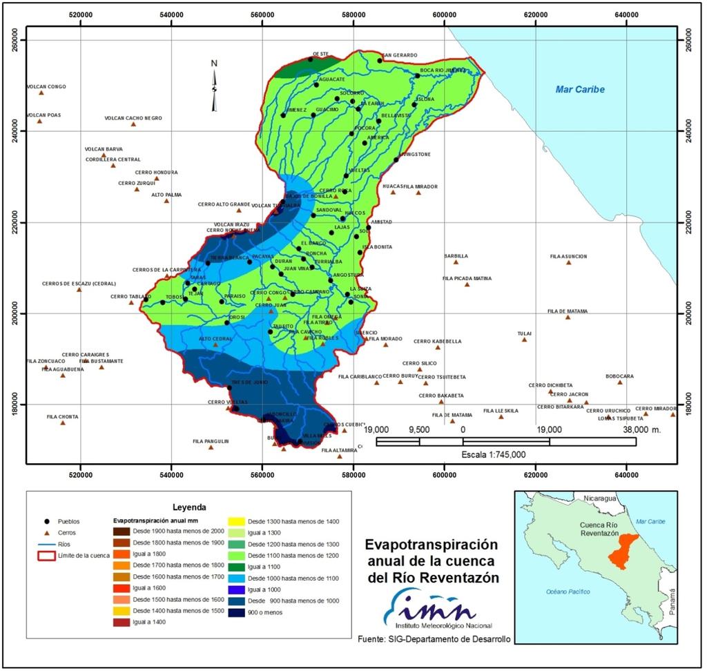 En la Figura 12 se muestra el mapa de distribución de la evapotranspiración dentro de la cuenca en análisis. 4.4. Brillo solar Fuente: Atlas Climatológico de Costa Rica. IMN, 2009 Figura 12.