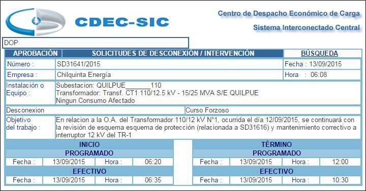 - Solicitud SD31616/2015 asociada a la desconexión del trasformador Nº1 110/12 kv de S/E Quilpué - Solicitud SD31641/2015 asociada a la desconexión del trasformador Nº1 110/12 kv de S/E Quilpué