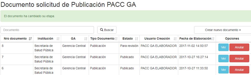 Se mostrará el documento de publicación que tendrá todos los procesos agrupados e independientes que hayan sido aprobados en el PACC de la GA y que se encuentran en el acumulado de PACC GA.
