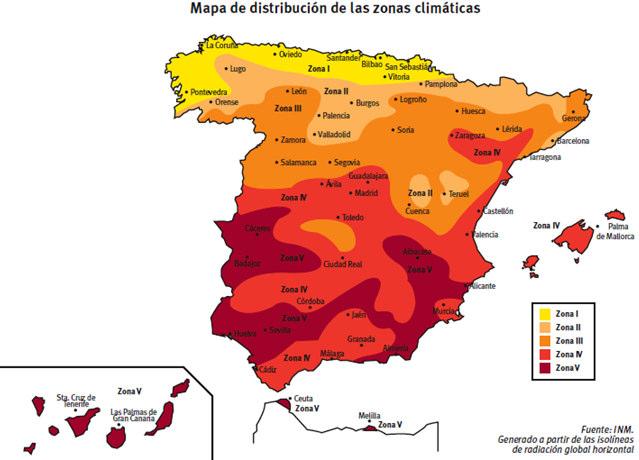 3.1.2. ANÁLISIS DEL RECURSO SOLAR En la siguiente gráfica se muestran las diferentes zonas de radiación de España en función de la ubicación.