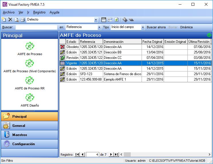AMFE de Proceso 5 Se abre la pantalla principal de la aplicación VFFMEA: AMFE de Proceso En la carpeta Principal de la barra de accesos se pueden observar tantos iconos como tipos de FMEAs definidos,