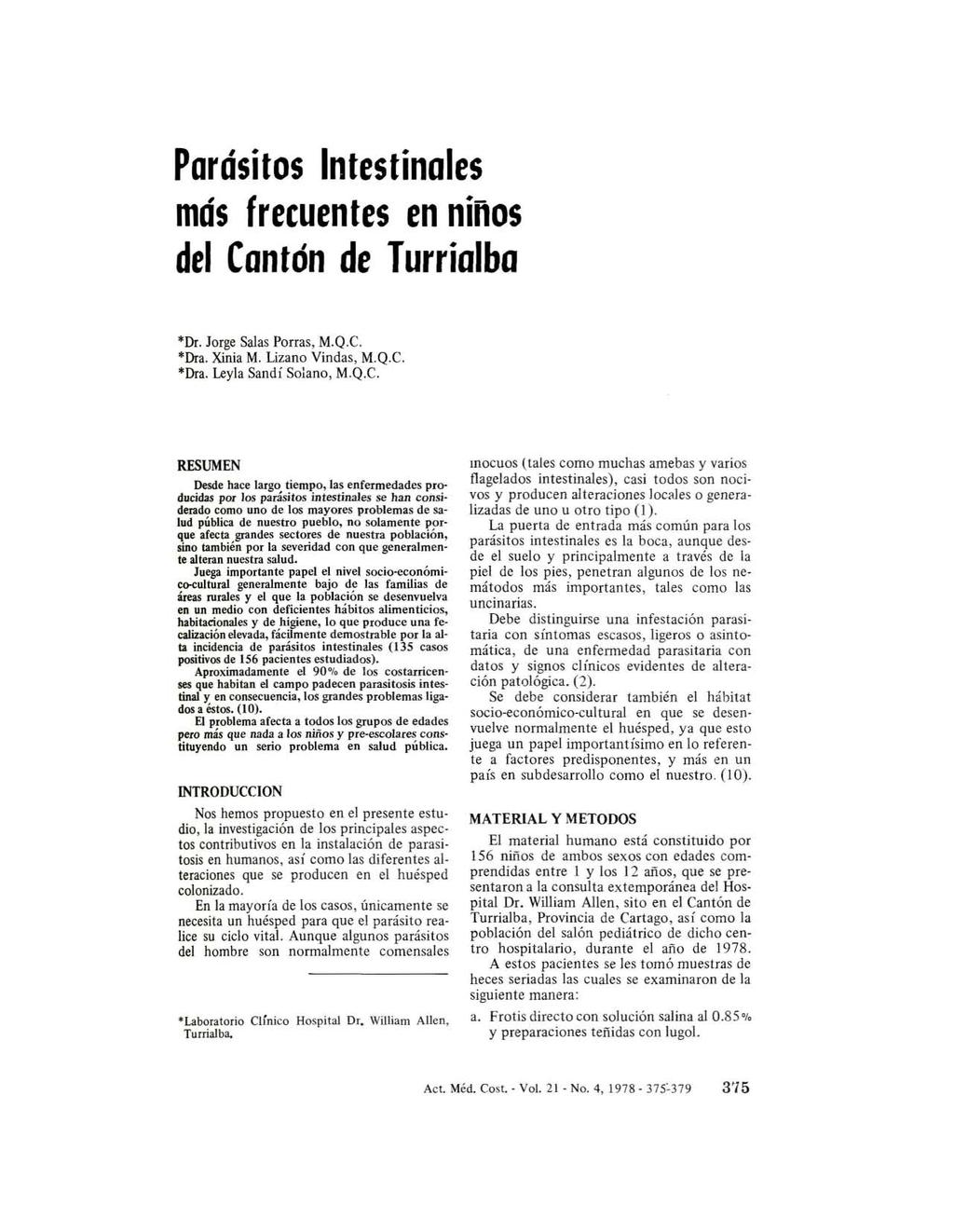 Parósitos Intestinales mós frecuentes en ninos del Co