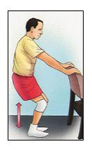 Elevación de pierna extendida, 5 veces descanse y repita 10 veces. Acuéstese de espaldas y doble la rodilla no operada. Enderece la otra rodilla contrayendo los músculos del cuádriceps.