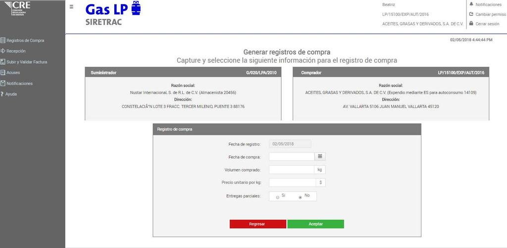 Generar nuevo Registro de Compra Expendio mediante Estación de Servicio para autoconsumo 3/5 Suministrador: Este módulo muestra los datos del Suministrador seleccionado.