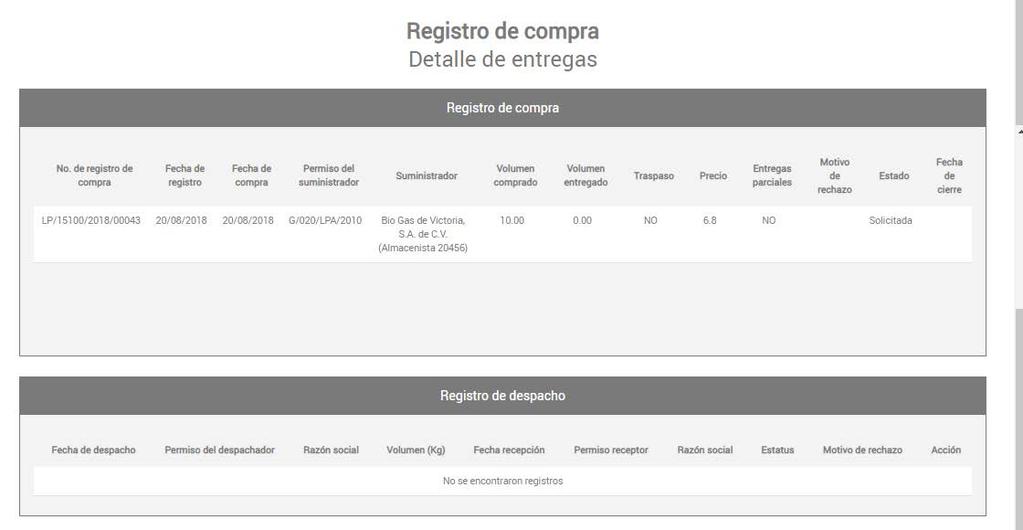 Ver Registros de Compra Expendio mediante Estación de Servicio para autoconsumo 3/5 Al seleccionar la opción de Ver detalle se mostrará el detalle de toda la operación del Registro de Compra.