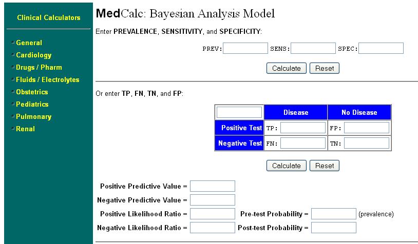 Cálculo de los valores predictivos en la web http://www.medcalc.