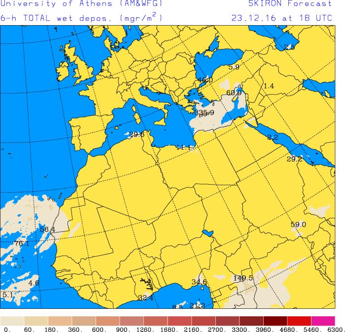 Depósito húmedo de polvo (mg/m 2 ) predicho por el modelo Skiron para el día 23 de diciembre de 2016 a las 00 (izquierda) y a las 18 UTC (derecha). Universidad de Atenas.