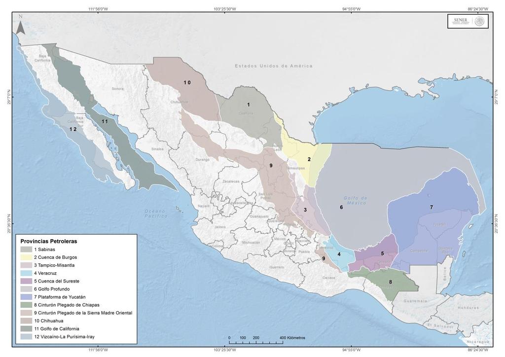 Mapa 3. Provincias petroleras de México 6.- Golfo de México Profundo: La principal roca generadora se compone de calizas arcillosas y lutitas del Jurásico Superior Tithoniano.