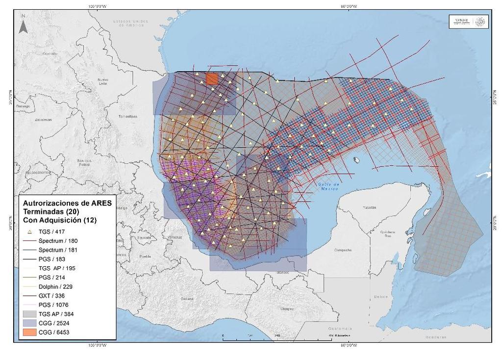 Mapa 4. ARES terminadas con adquisición de nueva información La posibilidad de solicitar una ARES detonó la adquisición de información sísmica en el Golfo de México.