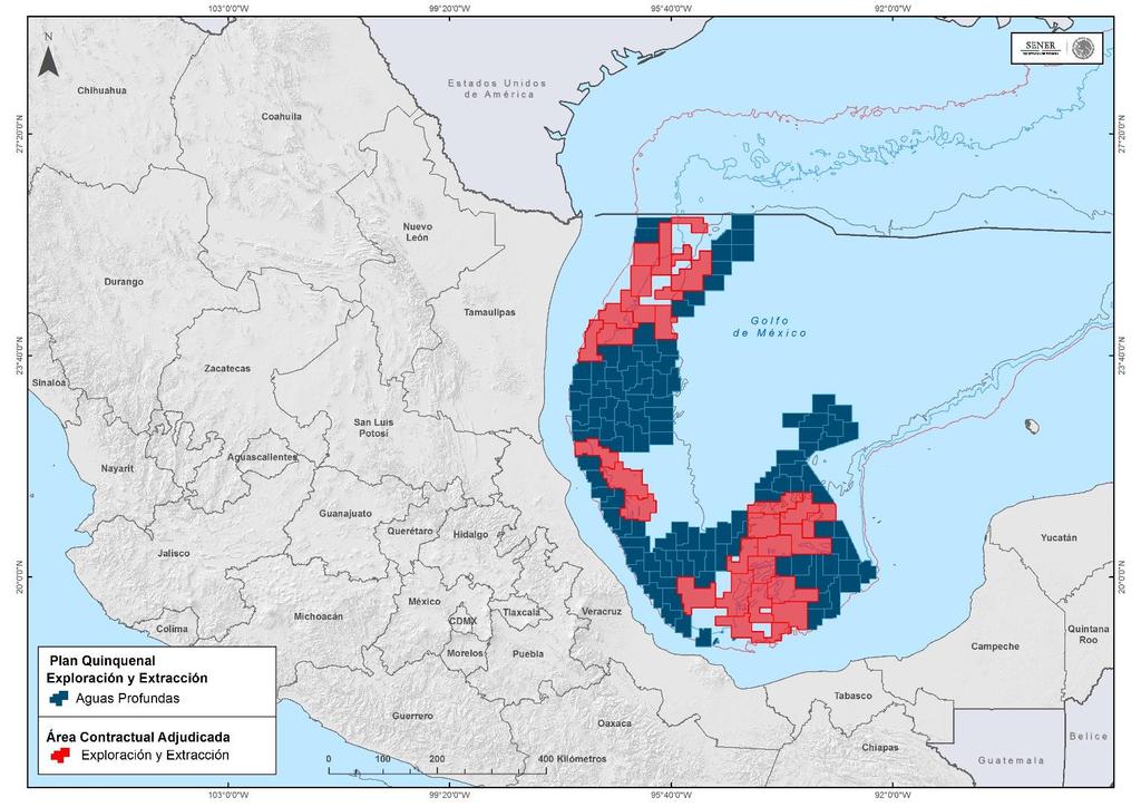 6.1.1 Aguas profundas Las áreas para la exploración y extracción de hidrocarburos en aguas profundas se localizan frente a las costas de Tamaulipas, Veracruz, Tabasco y Campeche [Mapa 7].