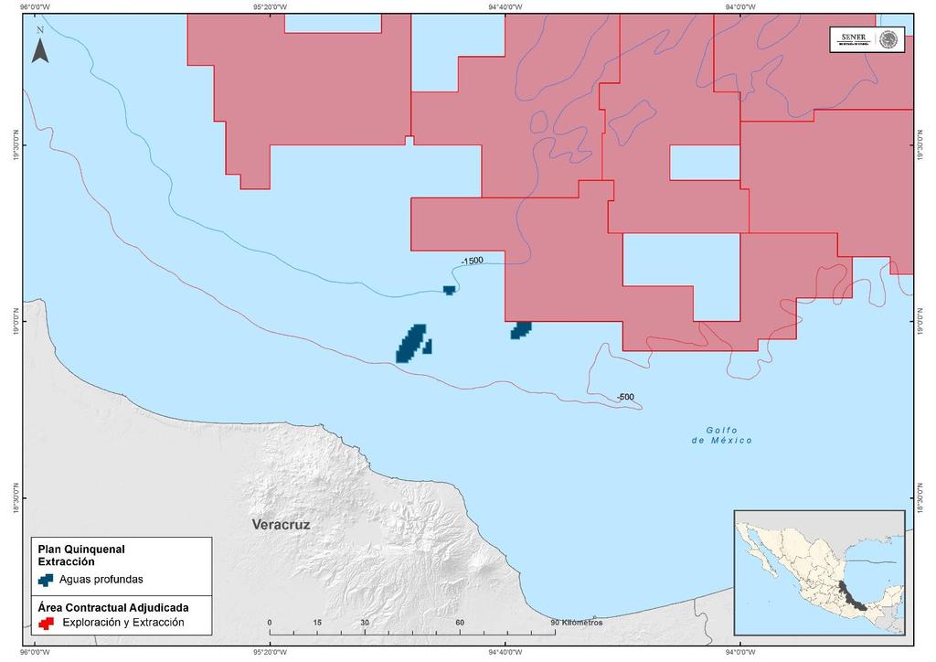 6.2.1 Aguas profundas Los campos para la extracción de hidrocarburos en aguas profundas se ubican a una distancia de 30 a 60 km de la línea de costa y cuentan con un volumen en sitio de 520.