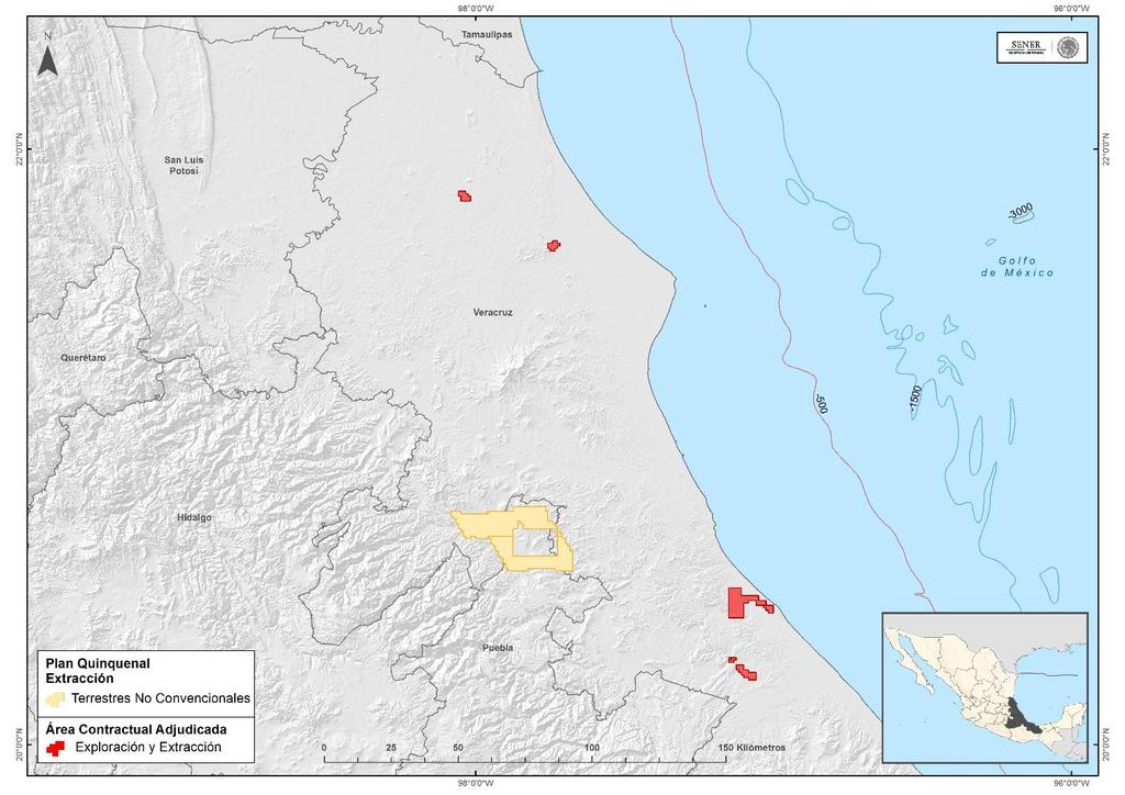 6.2.4 Áreas terrestres no convencionales En la provincia de Tampico-Misantla se ubican campos que únicamente prevén actividades de extracción debido a su coincidencia superficial con Asignaciones