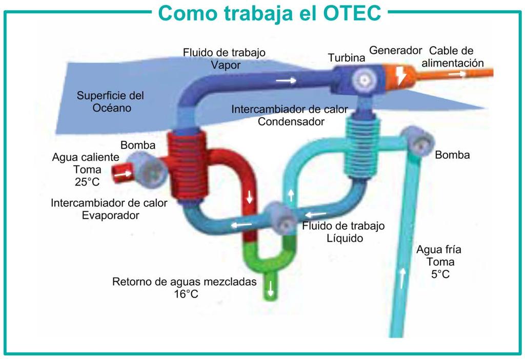 Conversión de Energía Térmica Oceánica (OTEC) Se extrae energía térmica del fondo oceánico y se usa para