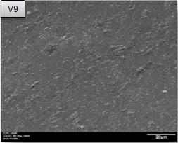 .4 se muestran las micrografías de MEB tomadas a 5, 3 y 5 aumentos para los vidrios V1, V11 y V1, respectivamente.