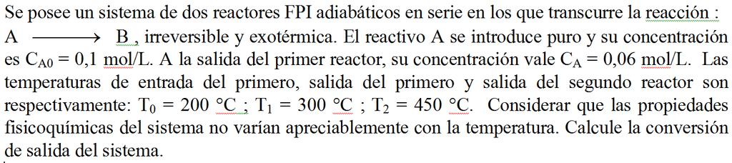 Ejemplo- Reactores adiabáticos 430 Resolución C 0,=0,1 M T 0 =200 C C 1 =0,06M T 1 =300