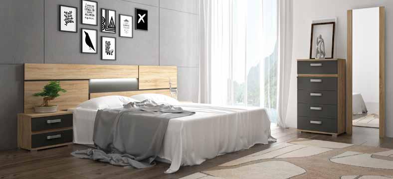 Dormitorio de matrimonio color cambria-blanco, compuesto por: cabecero con luces