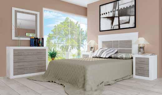 Dormitorio de matrimonio color andersen pino-gris compuesto por: cabecero con patas y dos mesitas de