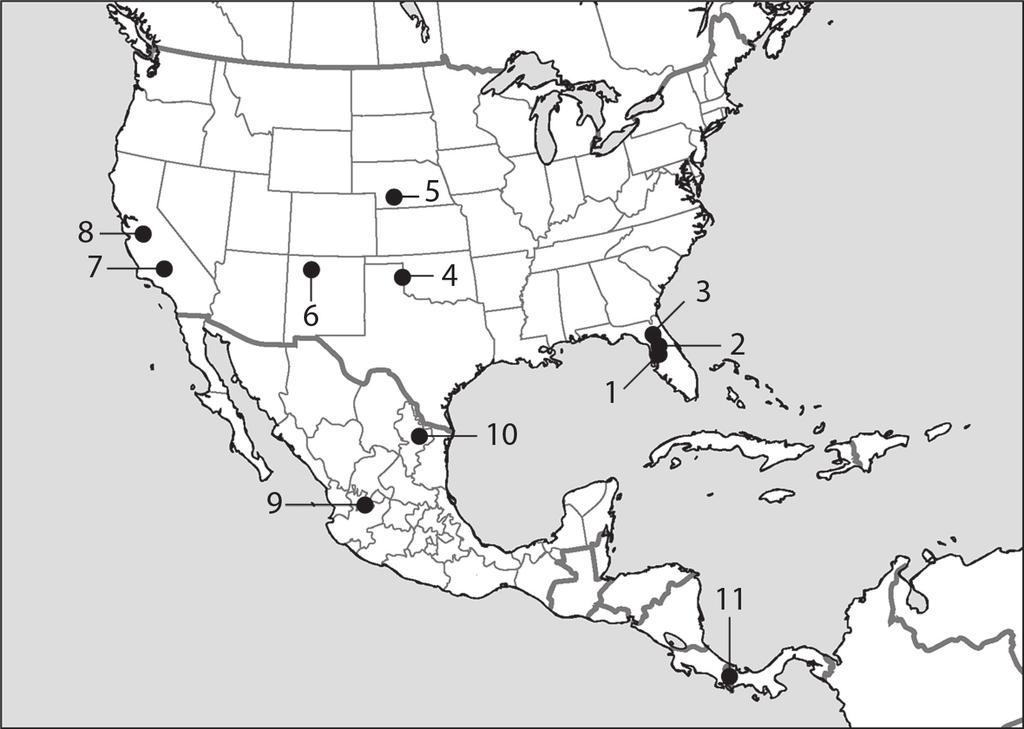 LAURITO & VALERIO: Primer registro fósil de Pliometanastes sp. (Mammalia, Xenarthra... 101 Fig. 4: Mapa de distribución paleobiogeográfico del género Pliometanastes y sus especies, P. protistus: 1.