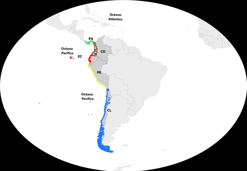 Cobertura geográfica: El atlas regional cubre la zona marina y costera del Pacífico Sudeste (Chile, Colombia, Ecuador, Panamá y Perú), extendiéndose desde los 9 de latitud norte en el suroeste de