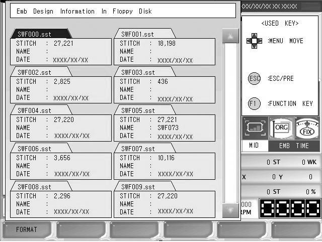 5.3.1 Disquete Floppy Al abrir el disquete Floppy aparece en cada archivo una breve información del diseño y los botones de las funciones de formateo, vista previa, importación de diseños y borrar.