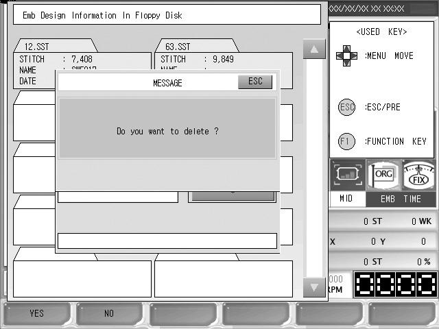 [Ejemplo 5.3.1-2] Borrar el archivo 63. SST del disquete Floppy. En la [Fig. 5.3.1-2] seleccione la parte y pulse el botón. Pulse el botón F2 DELETE. Aparecerá la pantalla de la [Fig. 5.3.1-7] con el mensaje Desea borrar el archivo?