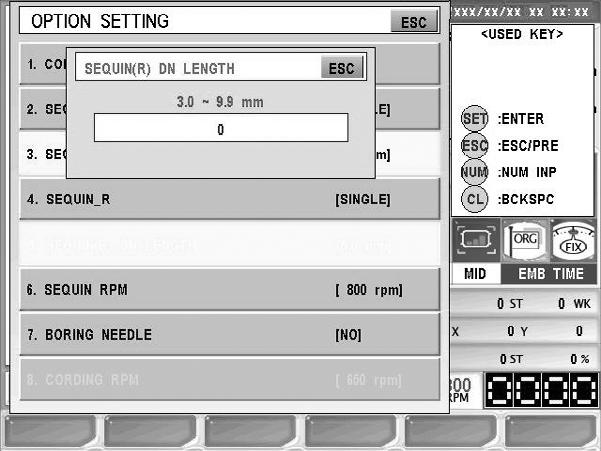 (2) Configuración del accesorio Sequin En el menú de configuración principal pulse el botón F3 SETTING. En la pantalla de configuración seleccione la configuración de opciones y pulse el botón.