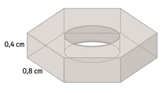 55. Calcula el volumen de la siguiente figura que está limitada por un prisma hexagonal regular y un cilindro de 0,5 cm de radio. 56.