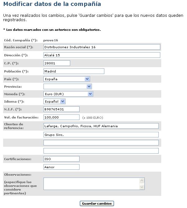2.1 Modificar datos de la compañía Se presenta un formulario con datos generales acerca de la compañía.