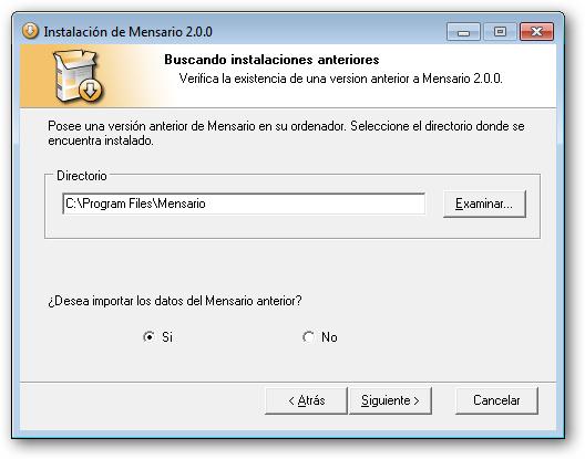 El programa detectará que hay una versión anterior de Mensario instalada.