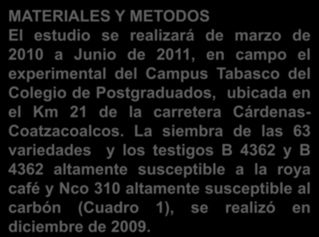 MATERIALES Y METODOS El estudio se realizará de marzo de 2010 a Junio de 2011, en campo el experimental del Campus Tabasco del Colegio de Postgraduados, ubicada en el Km 21 de la carretera Cárdenas-