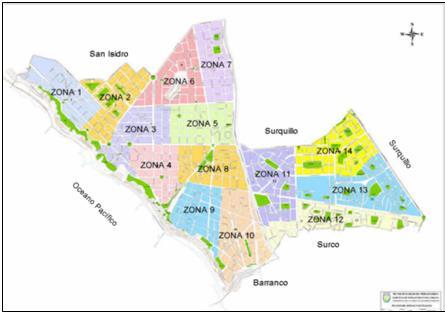 4.1.3.1. Geográfico El presente proyecto se desarrollará en el distrito de Miraflores, ubicado en la zona sur de lima, cuenta con 14 zonas y 55 núcleos urbanos. Figura 17.