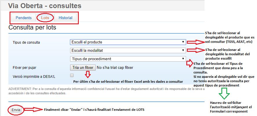 Casos d ús del servei per LOTS La consulta manual per lots consisteix en la càrrega d un fitxer elaborat per l usuari que conté N peticions i l obtenció de les respostes de forma asíncrona o diferida.