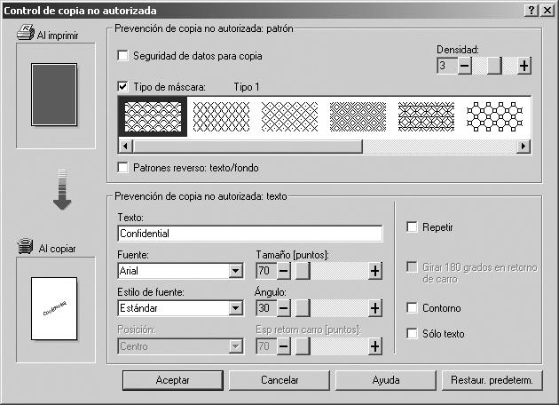 Otras operaciones de impresión Uso de [Tipo de máscara:] Puede vincular tramas y texto en un documento configurando el driver de impresora para impedir la copia no autorizada.