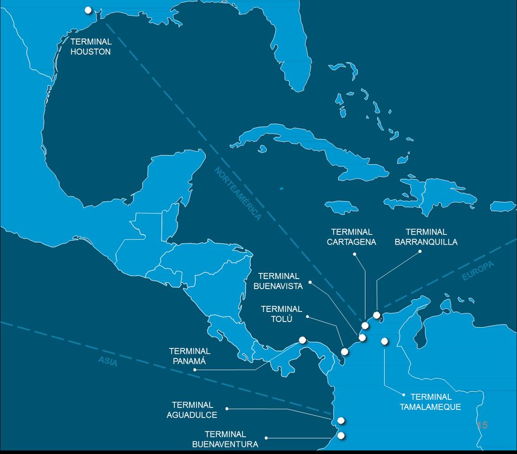 Infraestructura 5 terminales en operación bajo una red de puertos multipropósito. 1 acuerdo operativo con Argos en Houston, Estados Unidos.